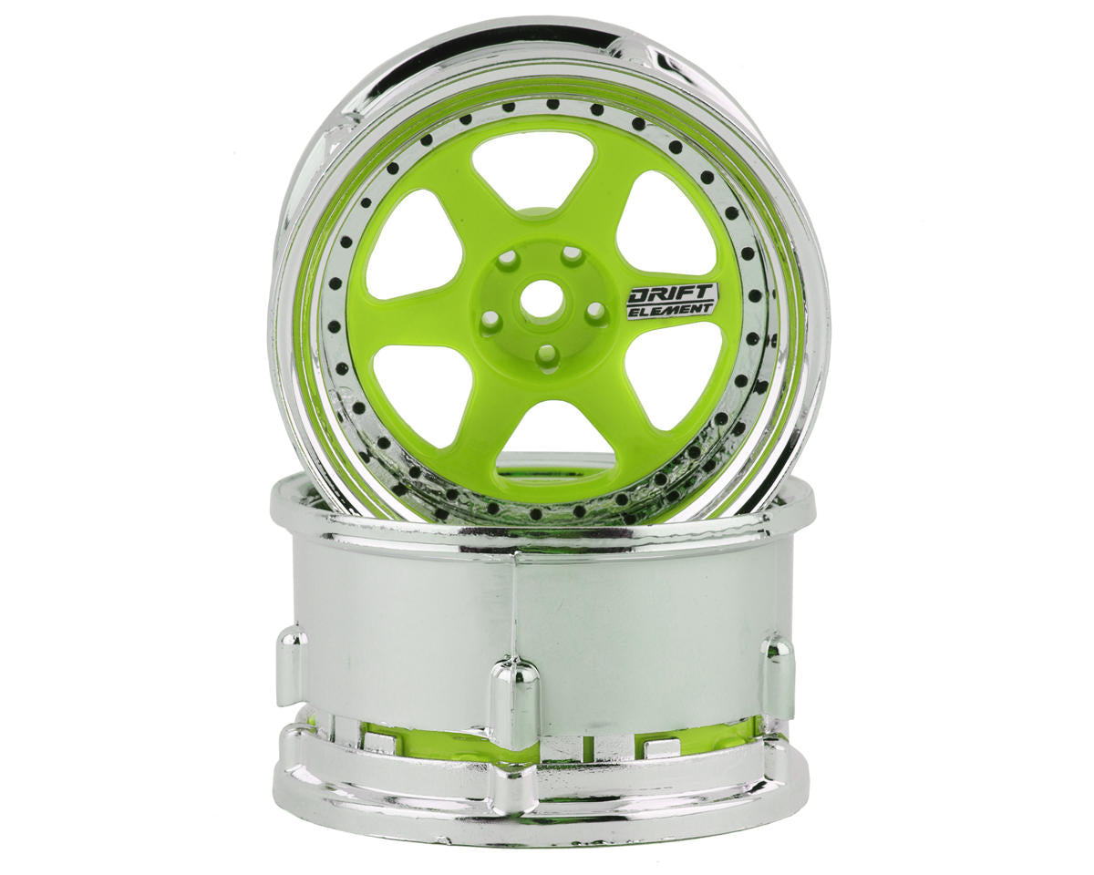 DS Racing Drift Element 6 Spoke Drift Wheel (Green Face/Chrome Lip/Black Rivets) (Adjustable Offset)