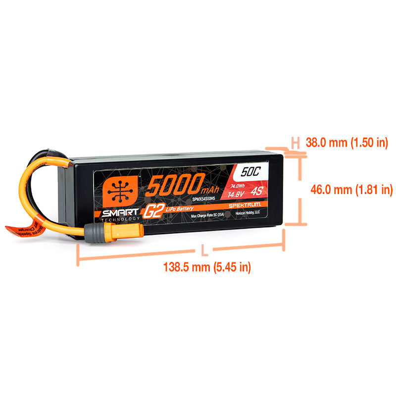 Spektrum RC 14.8V 5000mAh 4S 50C Smart G2 Hardcase LiPo Battery: IC5