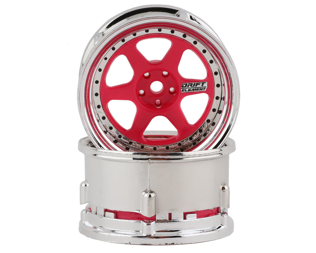 DS Racing Drift Element 6 Spoke Drift Wheels (Pink Face/Chrome Lip/Black Rivets) (Adjustable Offset)