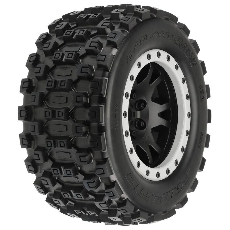 Pro-Line Badlands MX43 Pro-Loc Mounted, Impulse Black Wheels with Grey Rings (2): X-Maxx