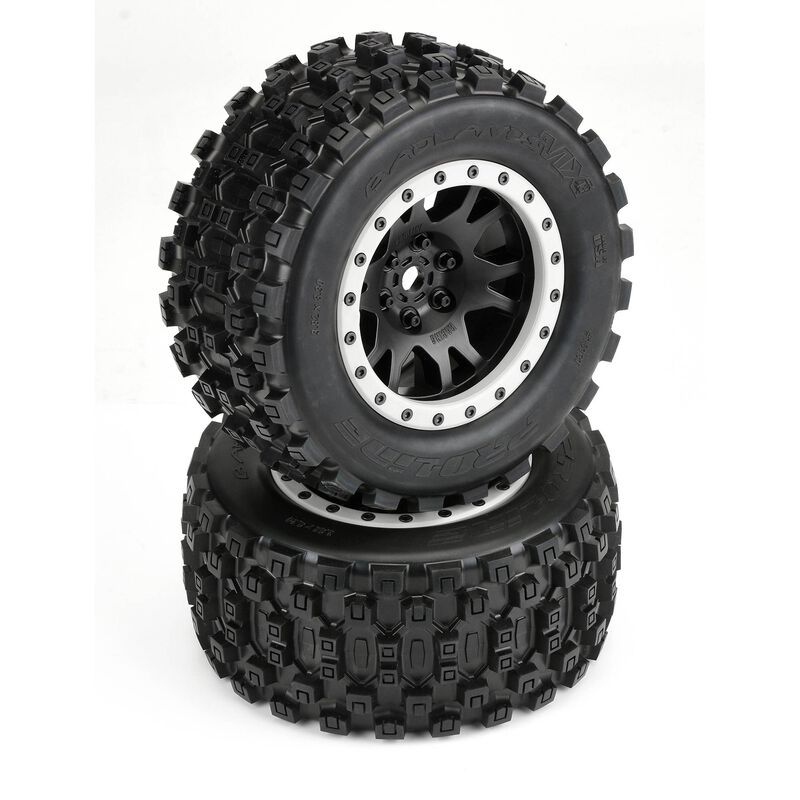 Pro-Line Badlands MX43 Pro-Loc Mounted, Impulse Black Wheels with Grey Rings (2): X-Maxx