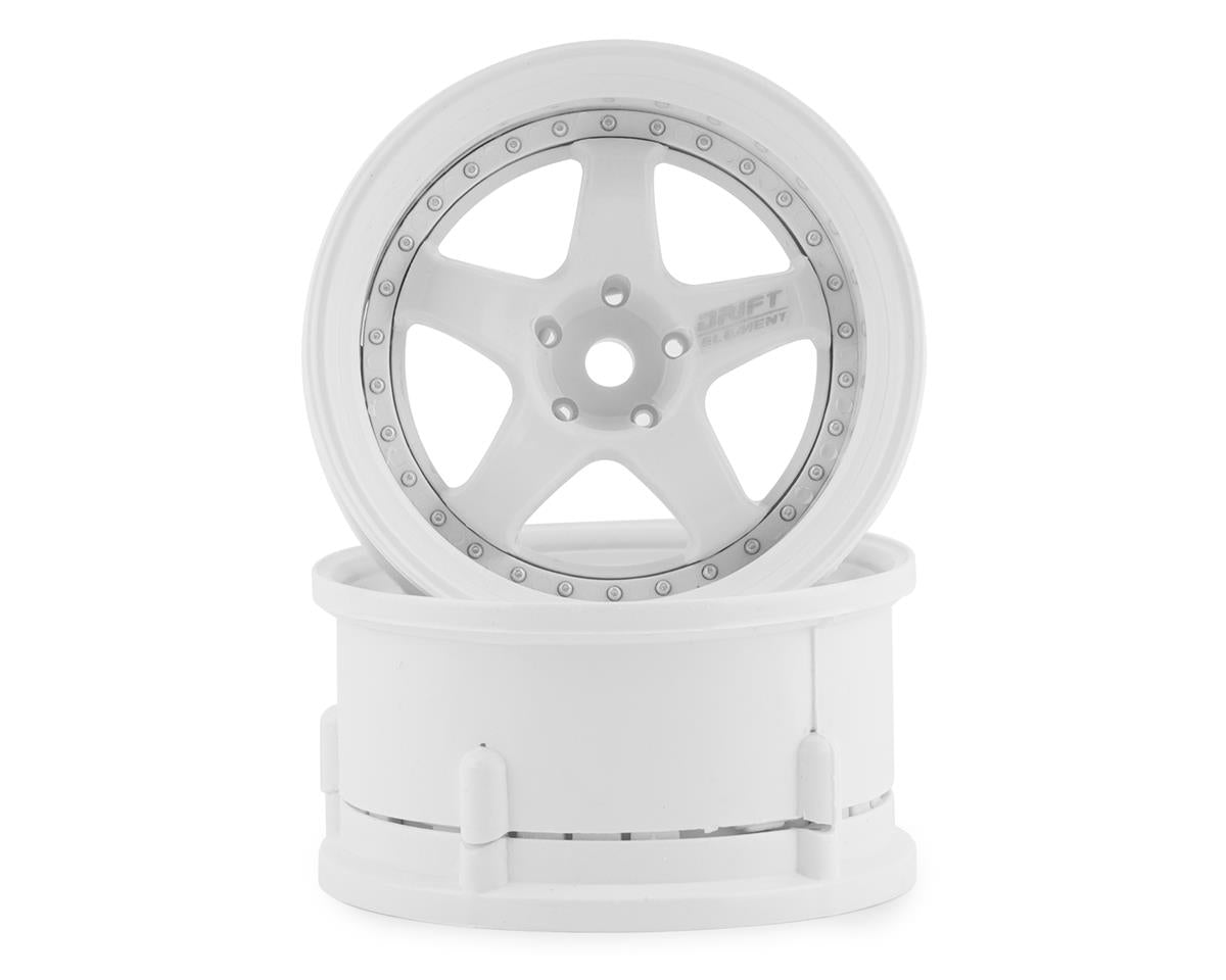 Ruedas de deriva DS Racing Drift Element de 5 radios (triple blanco con remaches plateados) (2) (compensación ajustable) con hexágono de 12 mm