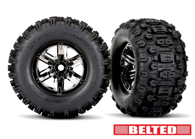 Traxxas Glued X-Maxx Black Chrome Wheels & Belted Sledgehammer Tires