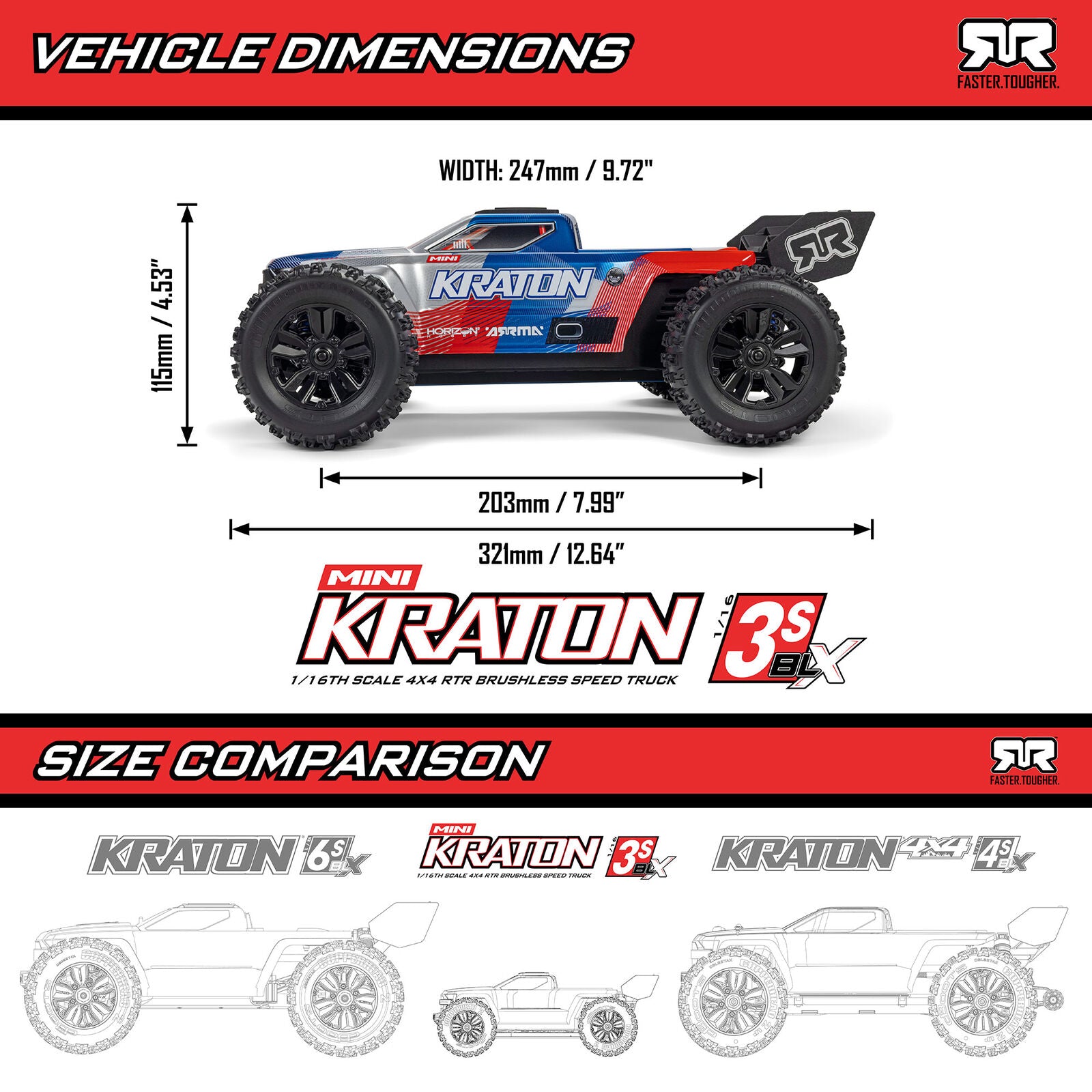 Arrma Mini Kraton 3S BLX 4X4 1/16 RTR Brushless Speed Monster Truck w/2.4GHz Radio, 3S LiPo Battery & Charger (Assorted Colors)