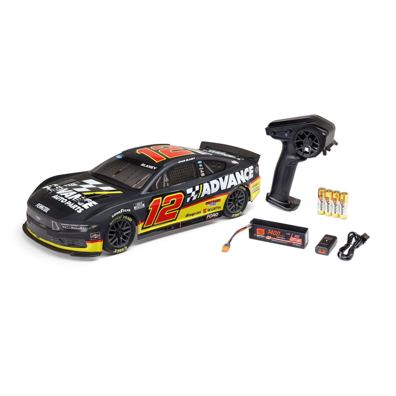 Losi 1/12 NASCAR RC Race Car Ryan Blaney No. 12 Advance Auto 2025 Ford Mustang 2S AWD RTR Brushed On-Road (Battery & Charger Included)