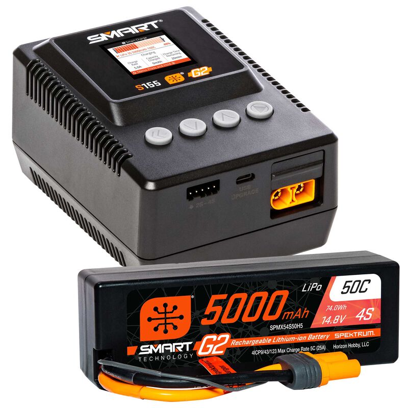 Paquete de superficie Spektrum Smart G2 4S Powerstage: batería LiPo 4S de 5000 mAh / cargador S155