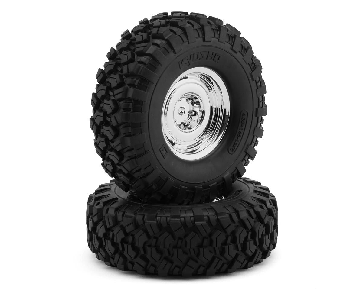Kyosho KC10 #40 1.9" Pre-Mounted Rock Crawler Tires (Chrome) (4.3" OD) (2) w/6-Slots Bead-Lock Wheels