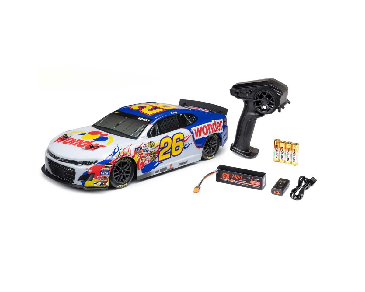 A remote control toy race car kit with a white, blue, and yellow race car, a black handheld controller, a battery pack, four batteries, a receiver, and a charging cable, displayed on a clean white background.