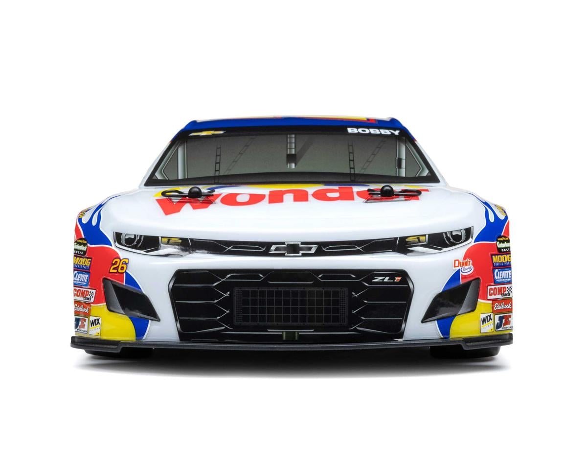Front view of a white Chevrolet race car with colorful sponsor decals, including 'Wunder' on the hood, photographed on a clean white background.