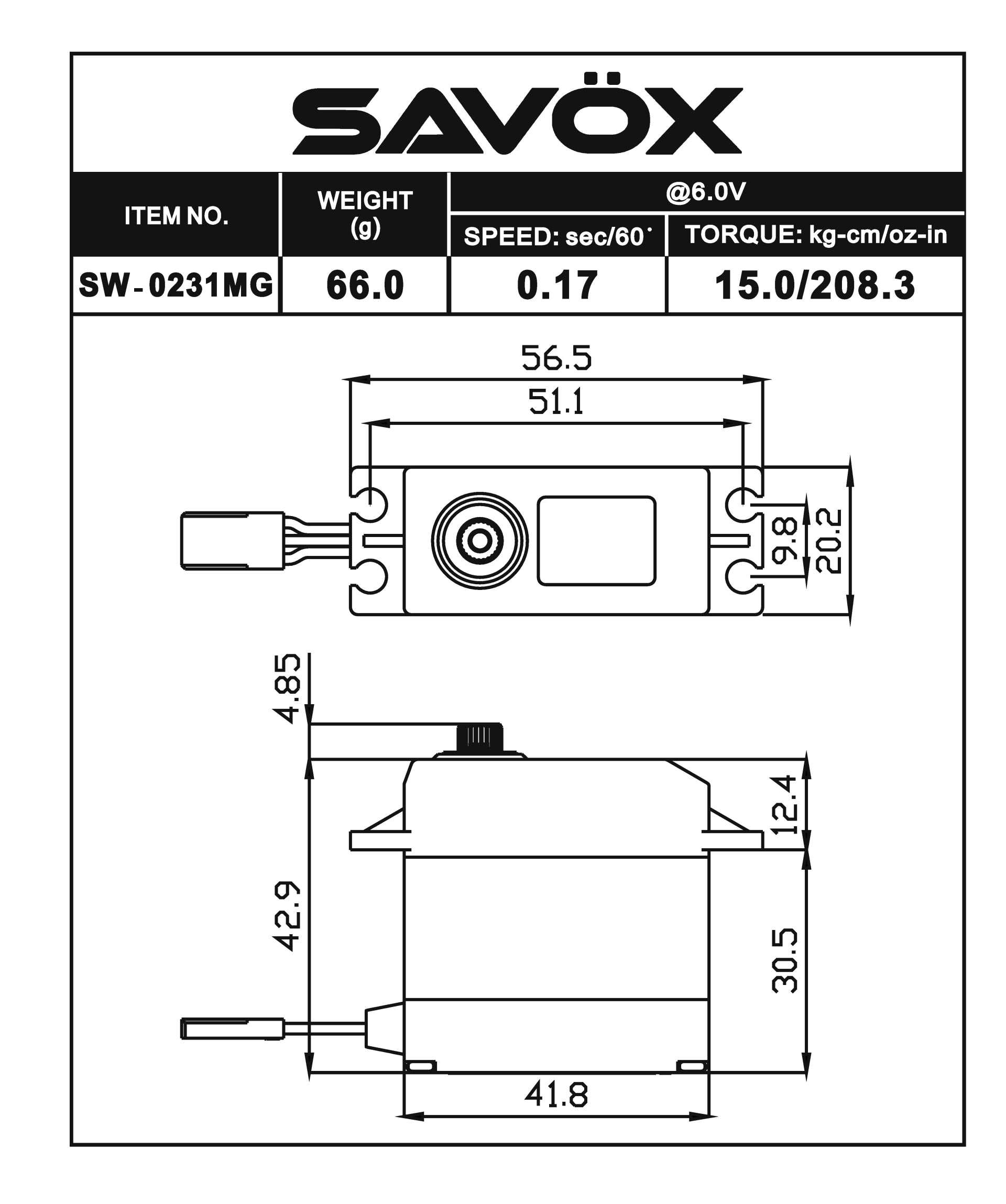 Savox SW-0231MGP Servo digital de engranajes de metal resistente al agua "alto"