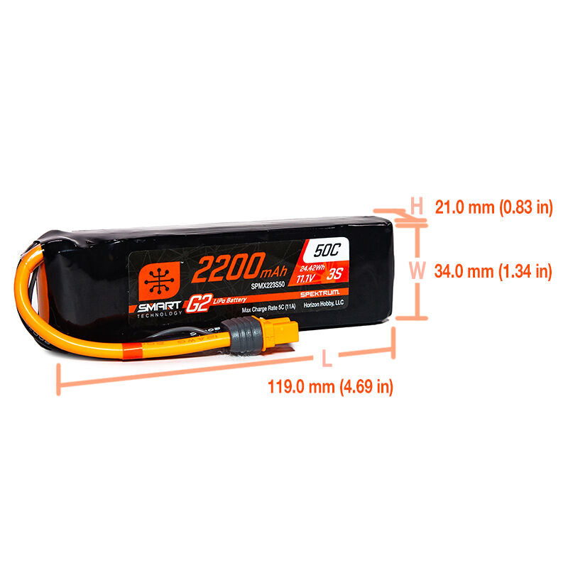 Spektrum 11.1V 2200mAh 3S 50C Smart G2 LiPo Battery: IC3