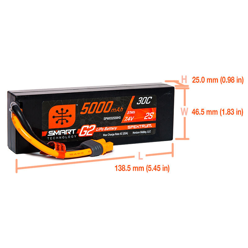 Spektrum RC 7.4V 5000mAh 2S 30C Smart LiPo G2 Hard Case: IC3