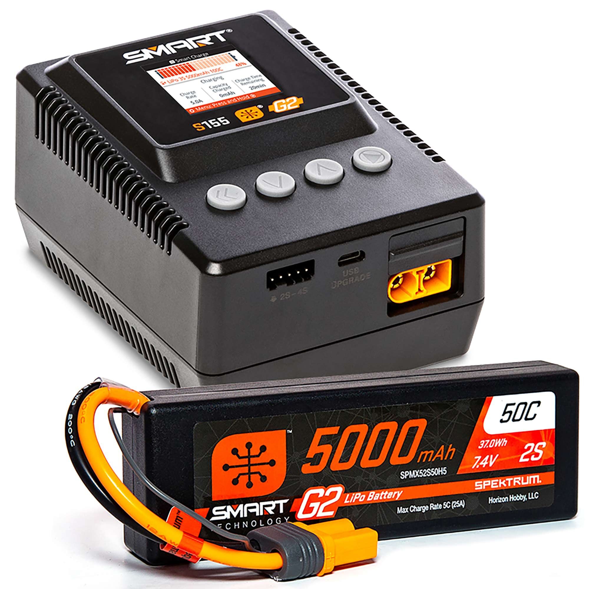 Paquete de superficie Spektrum Smart Powerstage: batería LiPo 2S de 5000 mAh / cargador S155