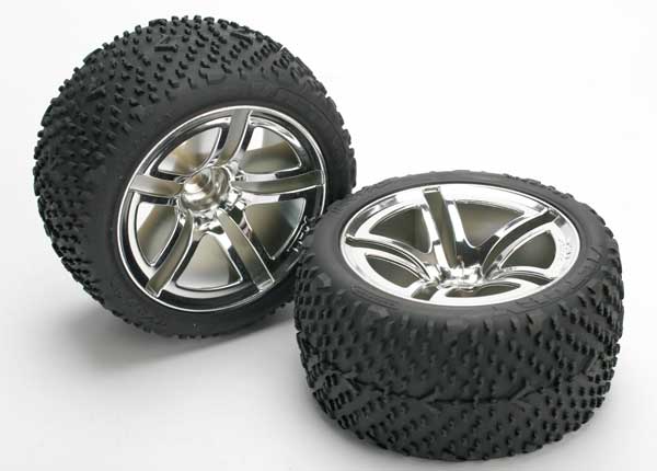 Neumáticos y ruedas Traxxas, ensamblados, pegados (ruedas de radios dobles, neumáticos Victory, inserciones de espuma) (trasero nitro) (2) 