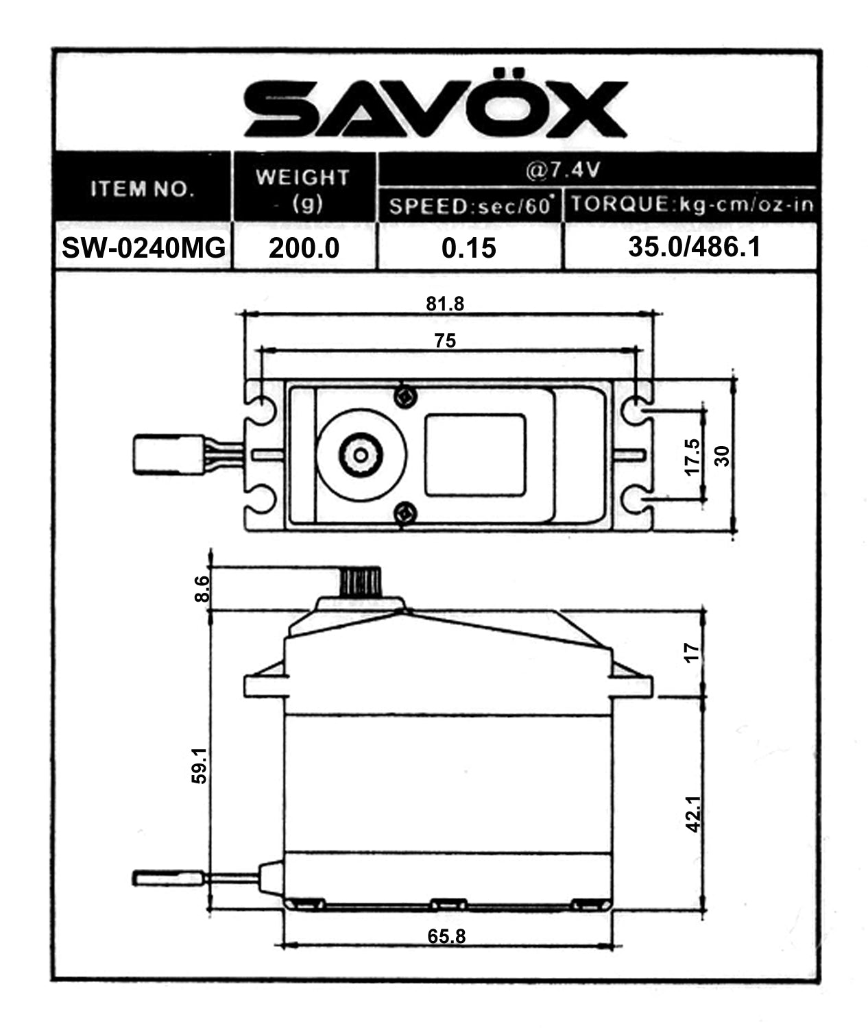 Savox SW-0240MG Servo de escala 1/5 digital a prueba de agua "Super Speed" (Alto voltaje)